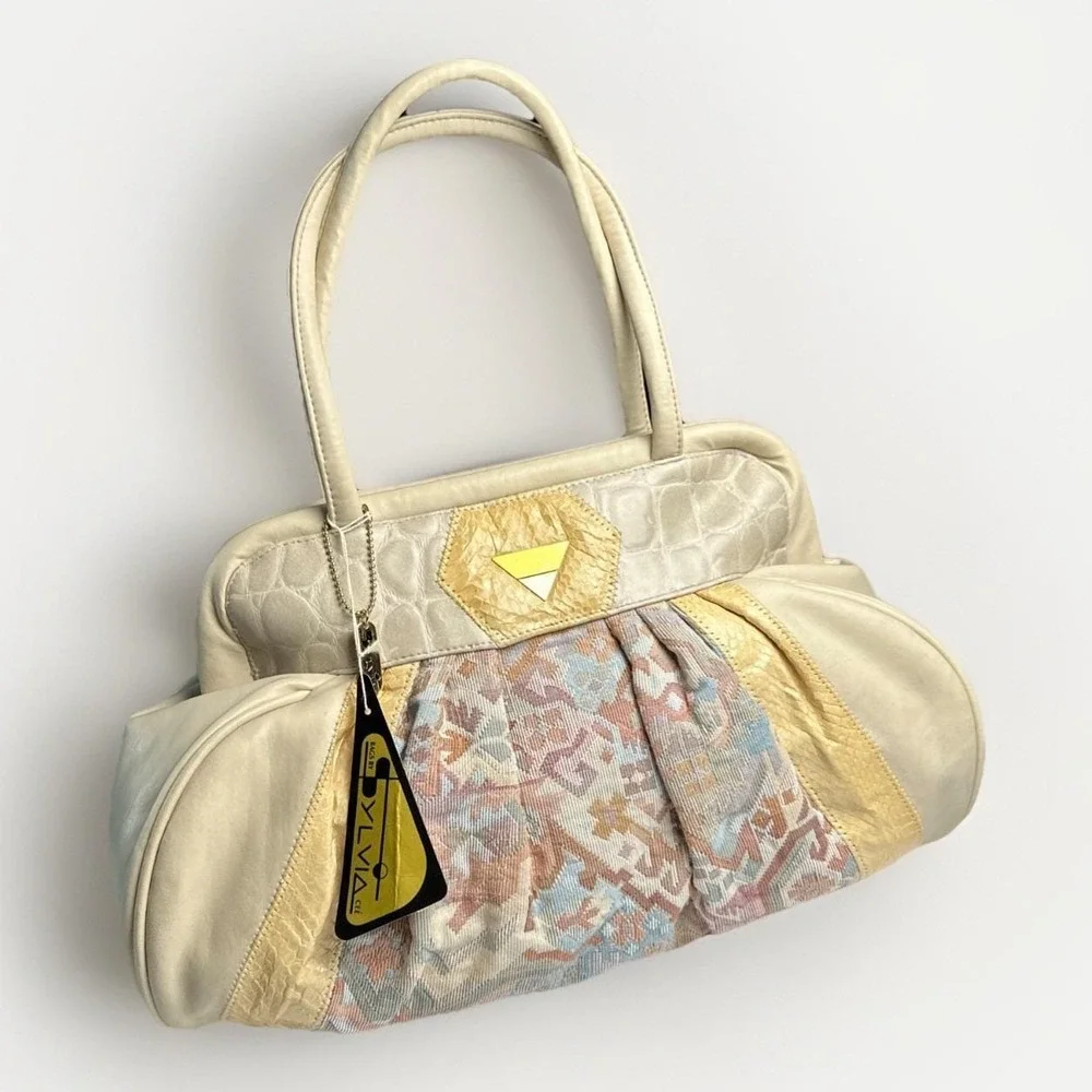 Vintage‎ Sylvia Cee Satchel - Cream Snakeskin, Leather, And SW Fabric - NOS